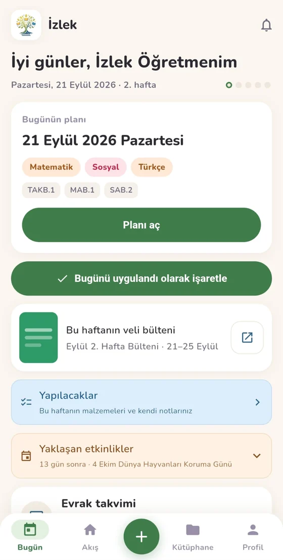 Bugün ekranı: günün planı, uygulandı işareti ve yaklaşan etkinlikler