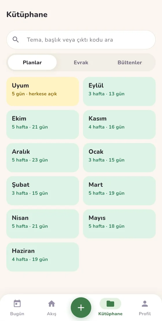 Kütüphane ekranı: aylık planlar, resmî evraklar ve veli bültenleri