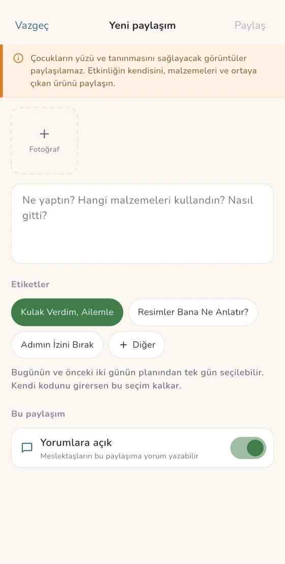 Yeni paylaşım ekranı: etkinlik fotoğrafı, açıklama ve etiketler