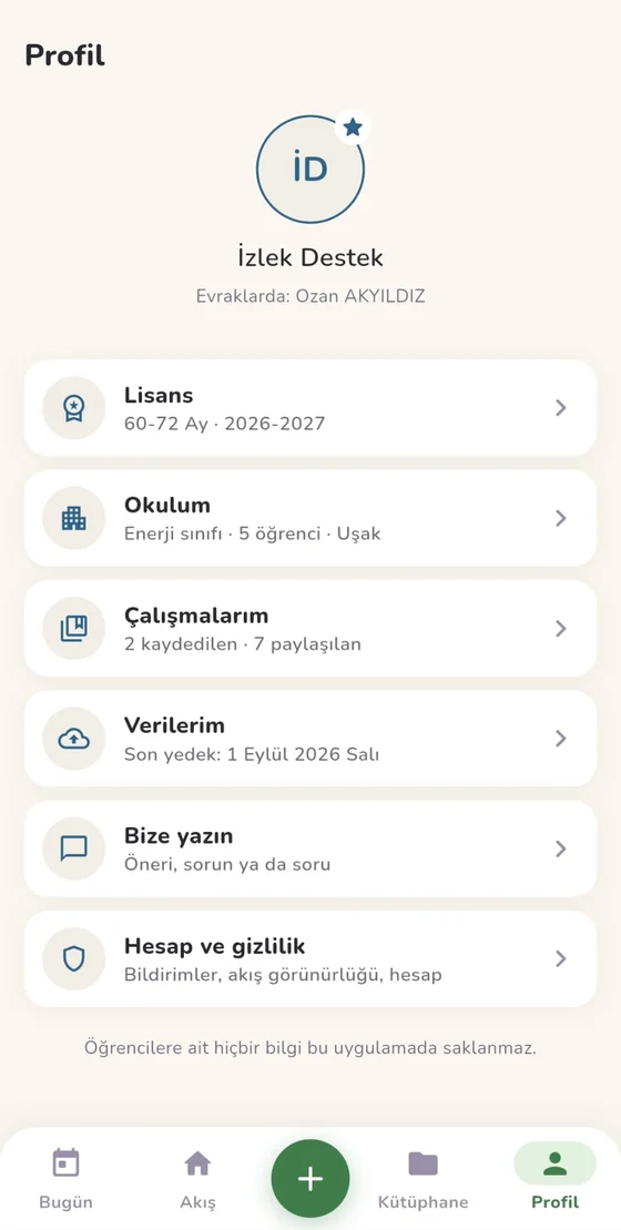 Profil ekranı: lisans, sınıf bilgileri ve yedekleme